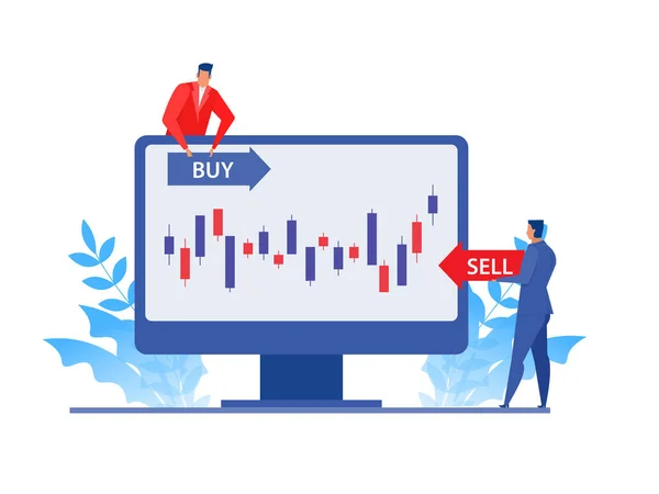 商人在笔记本电脑上分析股票市场 买入卖出价格目标走向 平面矢量图解概念设计 — 图库矢量图片