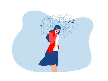 Kadın takıntılı düşüncelerden, baş ağrısından, çözülmemiş sorunlardan, psikolojik travmadan, depresyondan muzdarip. Zihinsel stres panik zihin bozukluğu düz vektör çizimi.