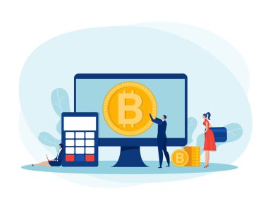 Bitcoin ve engelleme zinciri için People Investments. Madencilik, para birimi, Bitcoin dijital iş konsepti vektör çizicisi.