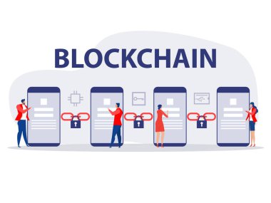 İnsanlar Kripto para birimi ve engelleme zinciri, yapay zeka, ai, derin öğrenme engelleyici sinirsel ağ konsept çizelgesi olan akıllı telefon kullanırlar.