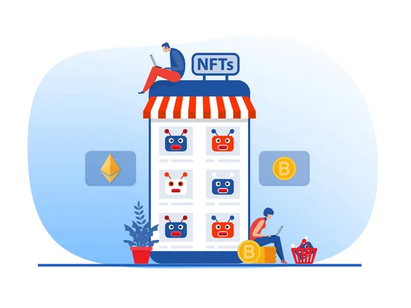 Niet Fungibel Token Markt Plaats Collectie Kunst Illustratie Landing Page — Stockvector