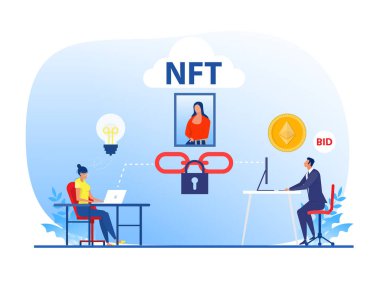 Pazar yeri illüstrasyon sayfasında web siteleri, engelleme zinciri konsepti vektörü için sergilenmeyen sembol satışı ve satın alma sanatı