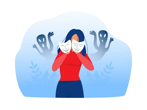 Taklitçi sendrom; karnaval maskeleri deneyen mutlu veya üzgün ifadeli bir kadın..