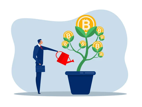 Επιχειρηματίας Ποτίζει Bitcoin Δέντρο Για Αναπτυχθούν Επιχειρήσεις Αύξηση Και Ανάπτυξη — Διανυσματικό Αρχείο