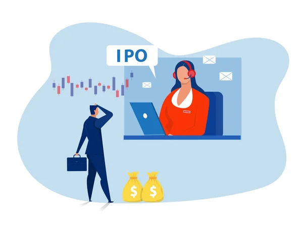 Ipo Offre Publique Initiale Business Man Offer Investir Sur Ordinateur — Image vectorielle