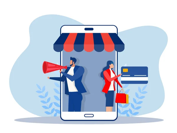 Smartphone Alışveriş Çevrimiçi Konseptinde Dükkan Tanıtımı — Stok Vektör