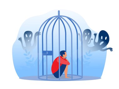 Hapisteki depresyondaki çocuk endişeli ve korkunç fantezileri olan kederli çocuk; korkular; hüzün vektörü çizimi