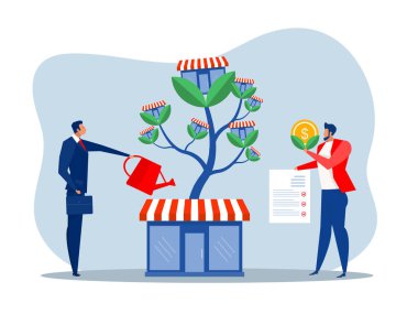 İşadamı, bayilik işini büyütmek için para ağacını suluyor. Artan ve büyüyen iş dünyası düz konsept çizimi.