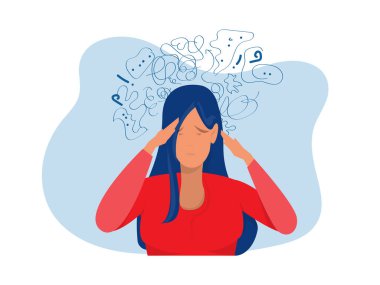 Kadın takıntılı düşüncelerden, baş ağrısından, çözülmemiş sorunlardan, psikolojik travmadan, depresyondan muzdarip. Zihinsel stres panik zihin bozukluğu düz vektör çizimi.