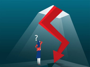 İş kadını, düşen oka bakıyor. İş ve finans kavramı. Vektör, İllüstrasyon, Düz