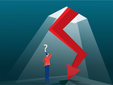 İş adamı düşen oka bakıyor. İş ve finans kavramı. Vektör, İllüstrasyon, Düz