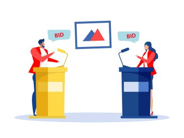 Alıcılar ve Açık Artırmacı Açık Artırmada Satıp Satıyor. Sanat müzayede işi, piyasa ticareti, vektör.