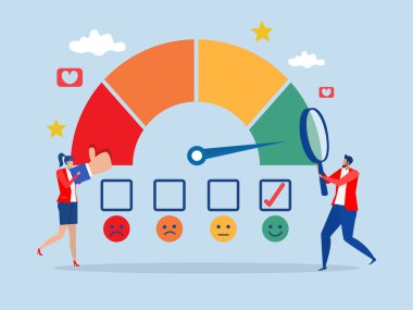 Business Analysts Evaluating Customer Sentiment business people analyze social sentiment dashboard.positive review, social voice, rating or opinion report, reaction or survey concept, vector