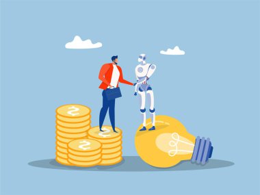 Ampul fikri üzerinde duran robot lambası VK işadamıyla para akışı, fon toplama ve risk sermayesi, iş veya birleşme anlaşması konsepti, vektör konsepti,