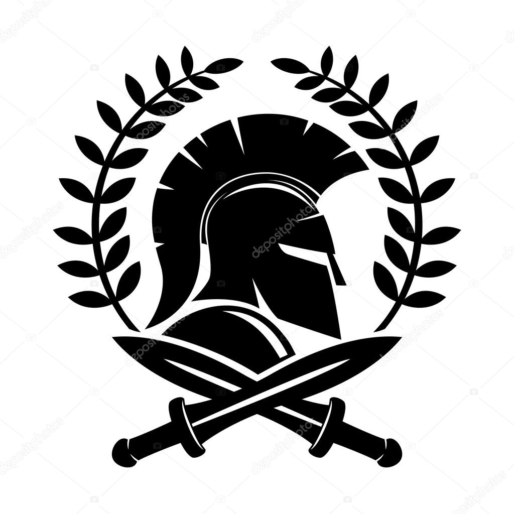 Spartan helmet and crossed swords on a white background.