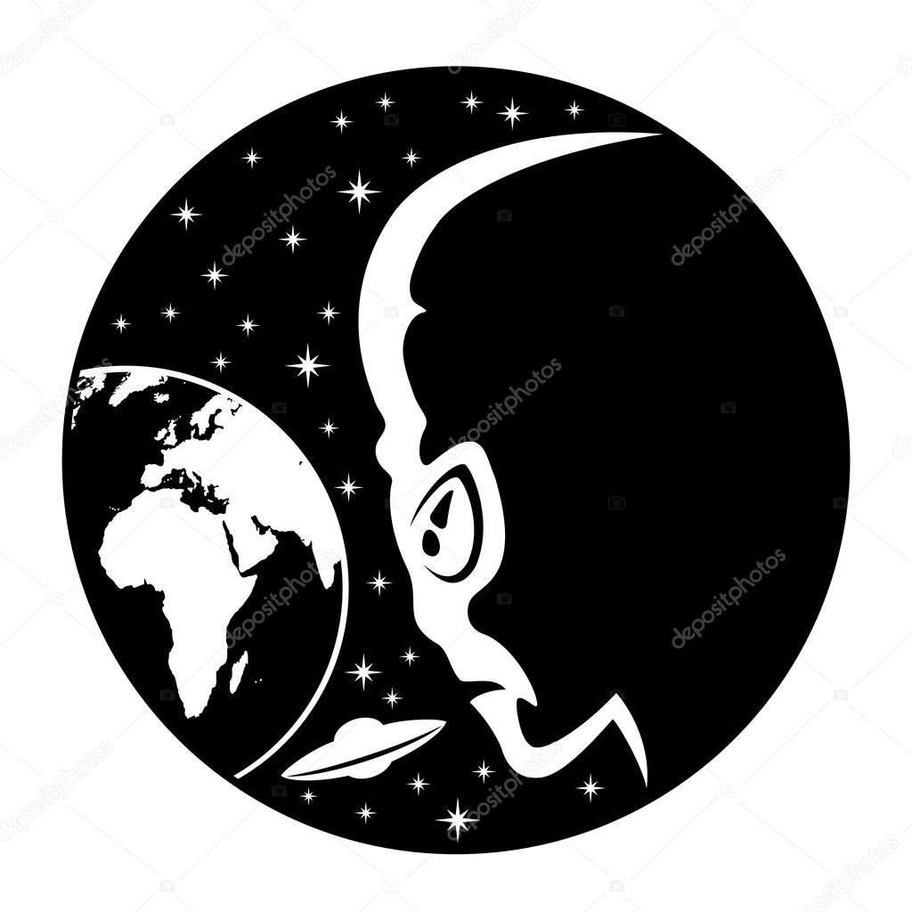 Aliens and Earth sign on a white background.