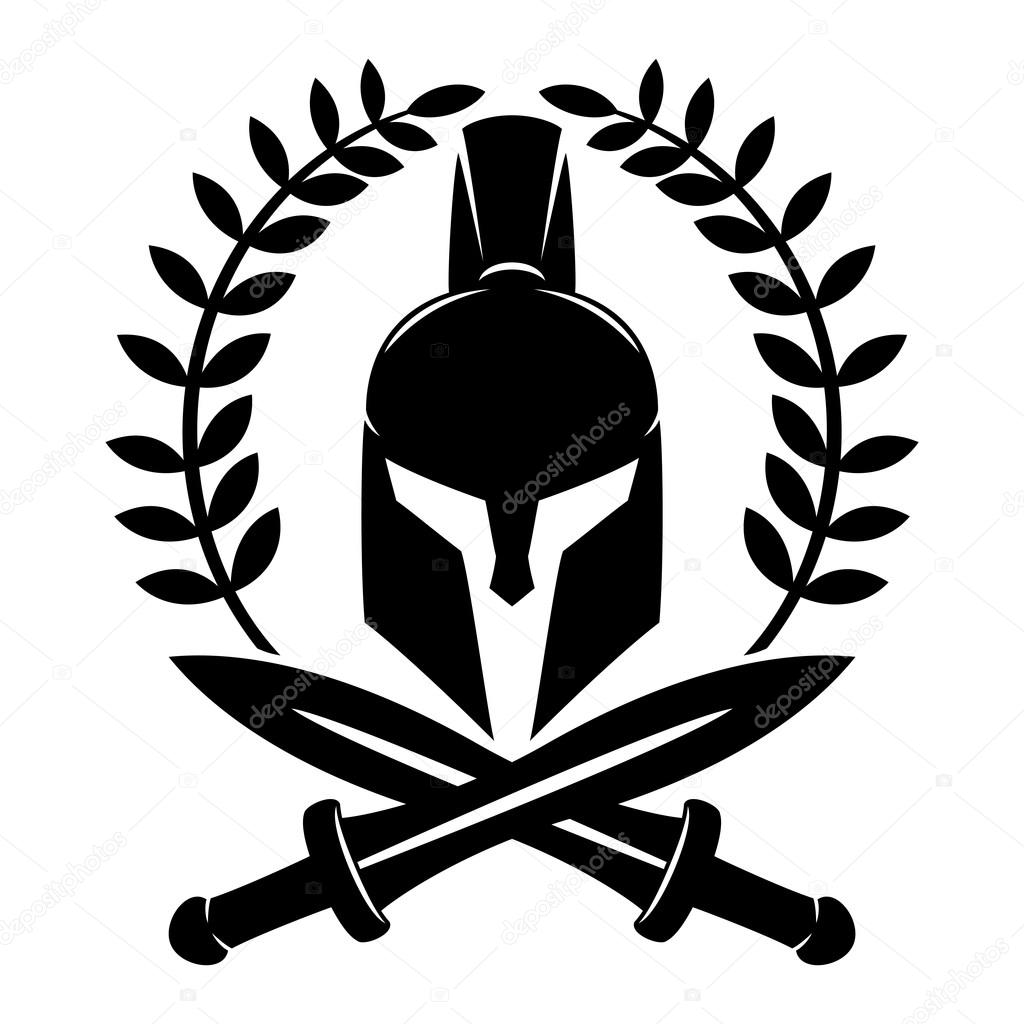 Spartan helmet and crossed swords on a white background.