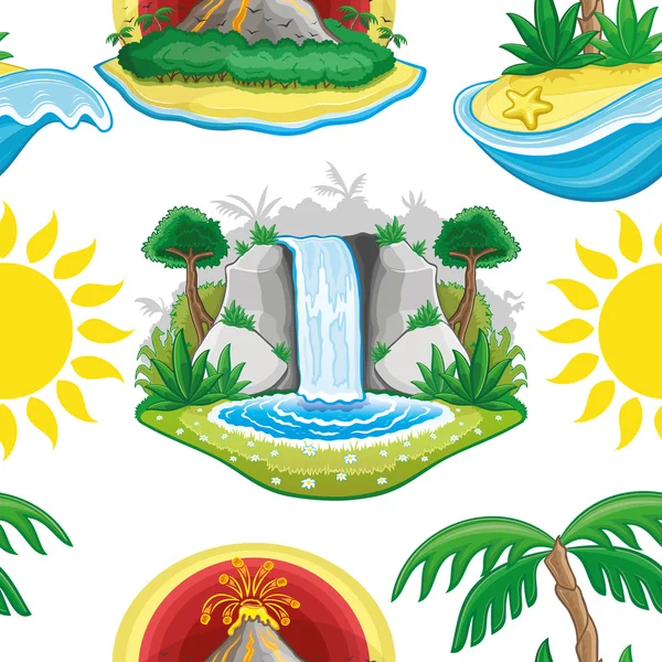 Sol, volcán, cascada e isla tropical — Vector de stock