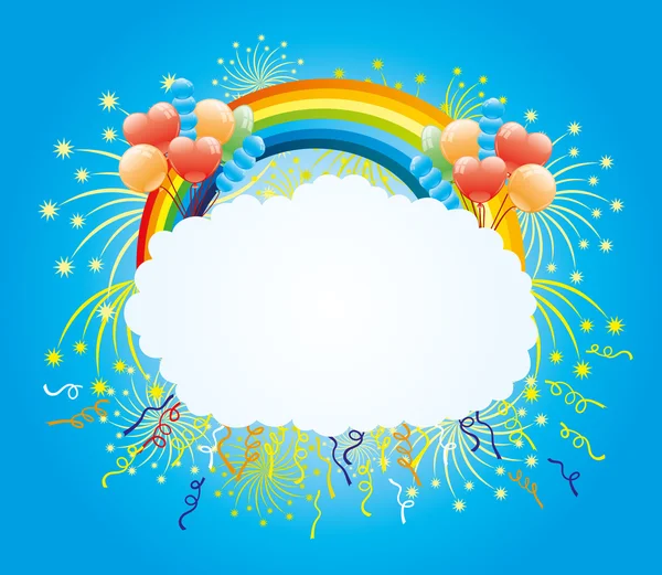 Balloons, confetti, firework and rainbow. — Stock Vector