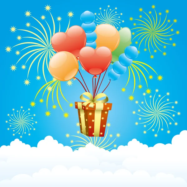 Balloons, firework and gift box. — Stock Vector