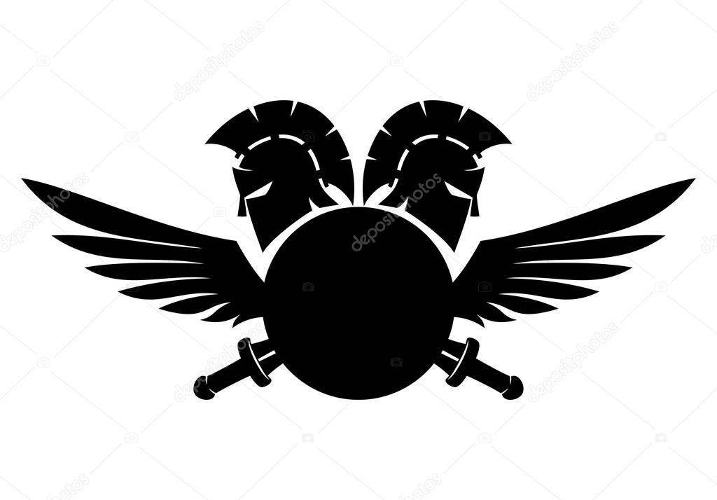 Vector sign Spartan helmet, shield, sword and wings.