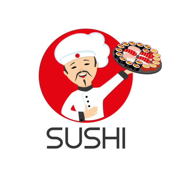 Vrolijke chef-kok en sushi rolls. — Stockvector