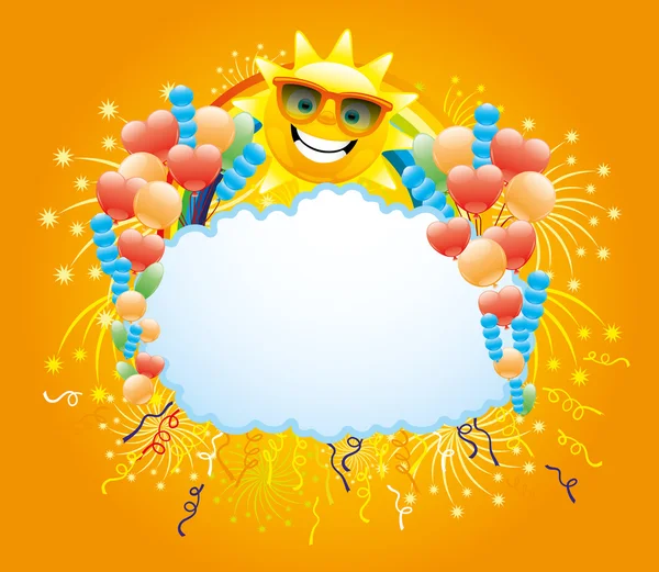 Balónky, konfety, ohňostroj, rainbow a slunce. — Stockový vektor
