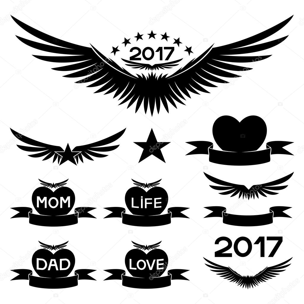 Icons of wings, hearts, stars and ribbons on a white background.