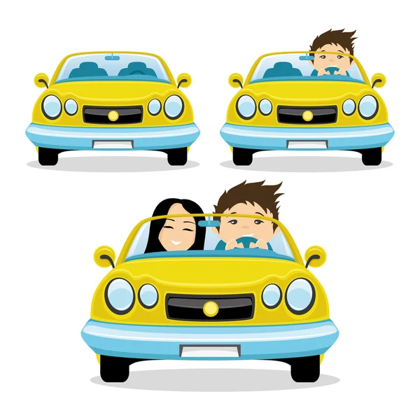 Casal feliz no carro amarelo . —  Vetores de Stock