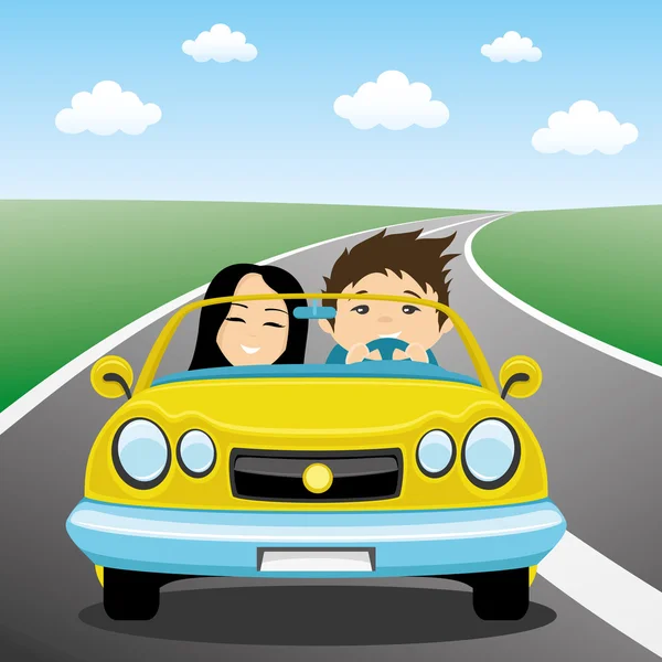 Ευτυχισμένο ζευγάρι στο κίτρινο αυτοκίνητο. — Διανυσματικό Αρχείο