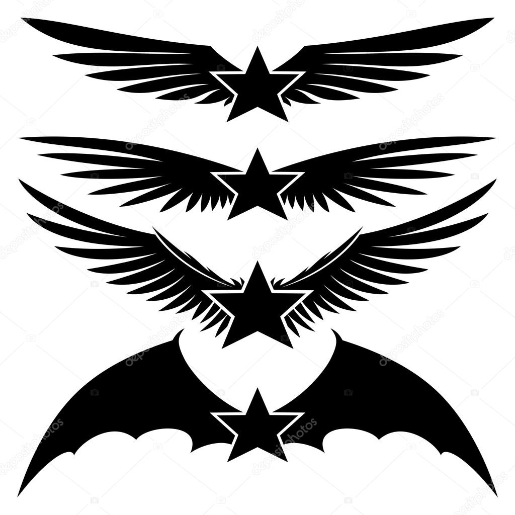 Vector set of stars and wings on a white background.