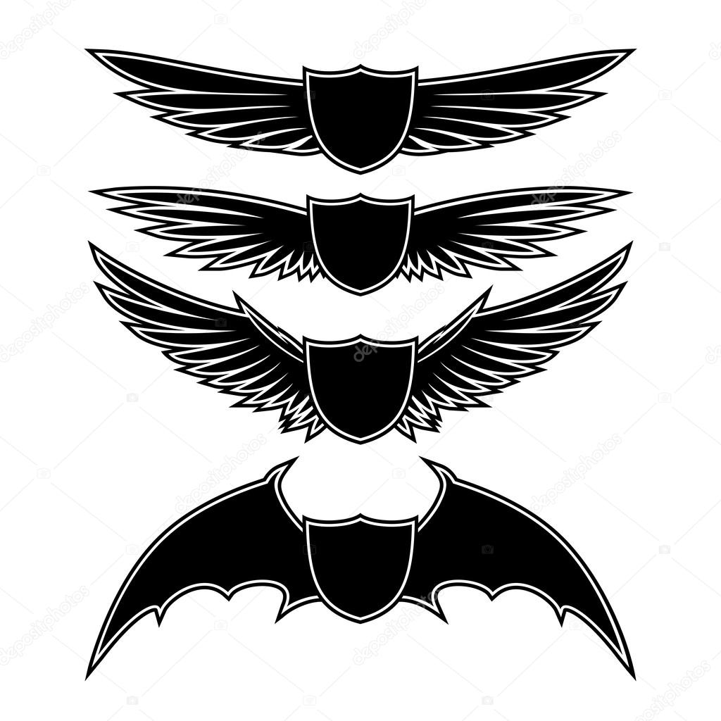 Set of shields and wings on a white background.