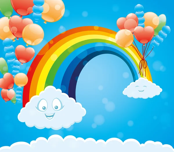 Nubes divertidas, arco iris y globos . — Vector de stock