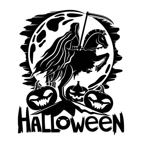Икона Хэллоуина Смертельным Всадником Тыквами Фоне Луны — стоковый вектор