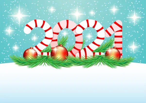 Weihnachten 2021 Illustration Mit Weihnachtskugeln Und Tannenzweigen Auf Blauem Hintergrund — Stockvektor