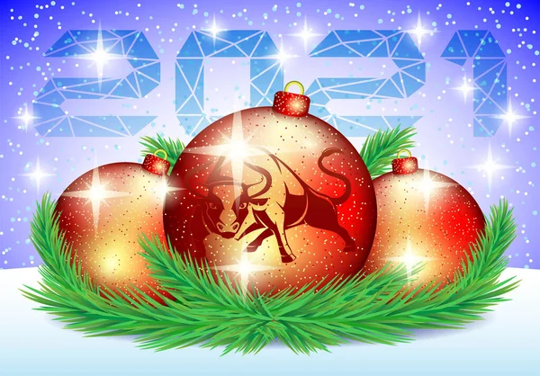 冬の背景に2021の強気のシンボルを持つクリスマスボール ベクターグラフィックス