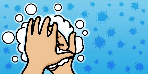Lavage Désinfection Des Mains Contre Les Virus Sur Fond Bleu — Image vectorielle
