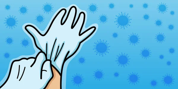 戴防护手套的手和蓝色背景的病毒 — 图库矢量图片
