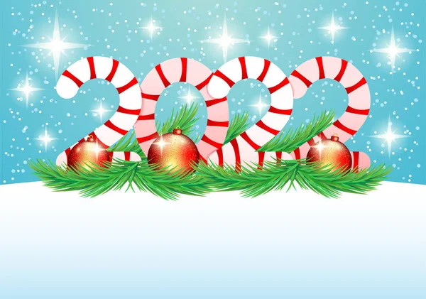 Vánoce 2022 Ilustrace Vánoční Koule Jedle Větve Modrém Pozadí — Stockový vektor