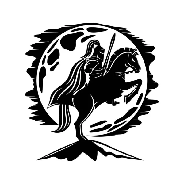 Ikona Starożytnego Wojownika Mieczem Ujeżdżającym Konia Tle Księżyca — Wektor stockowy