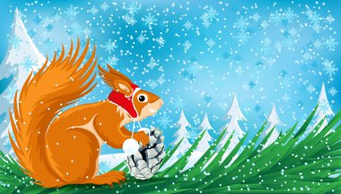 Noel illüstrasyonunda kırmızı şapkalı şirin sincap kar yağışlı arka planda ladin dalında.