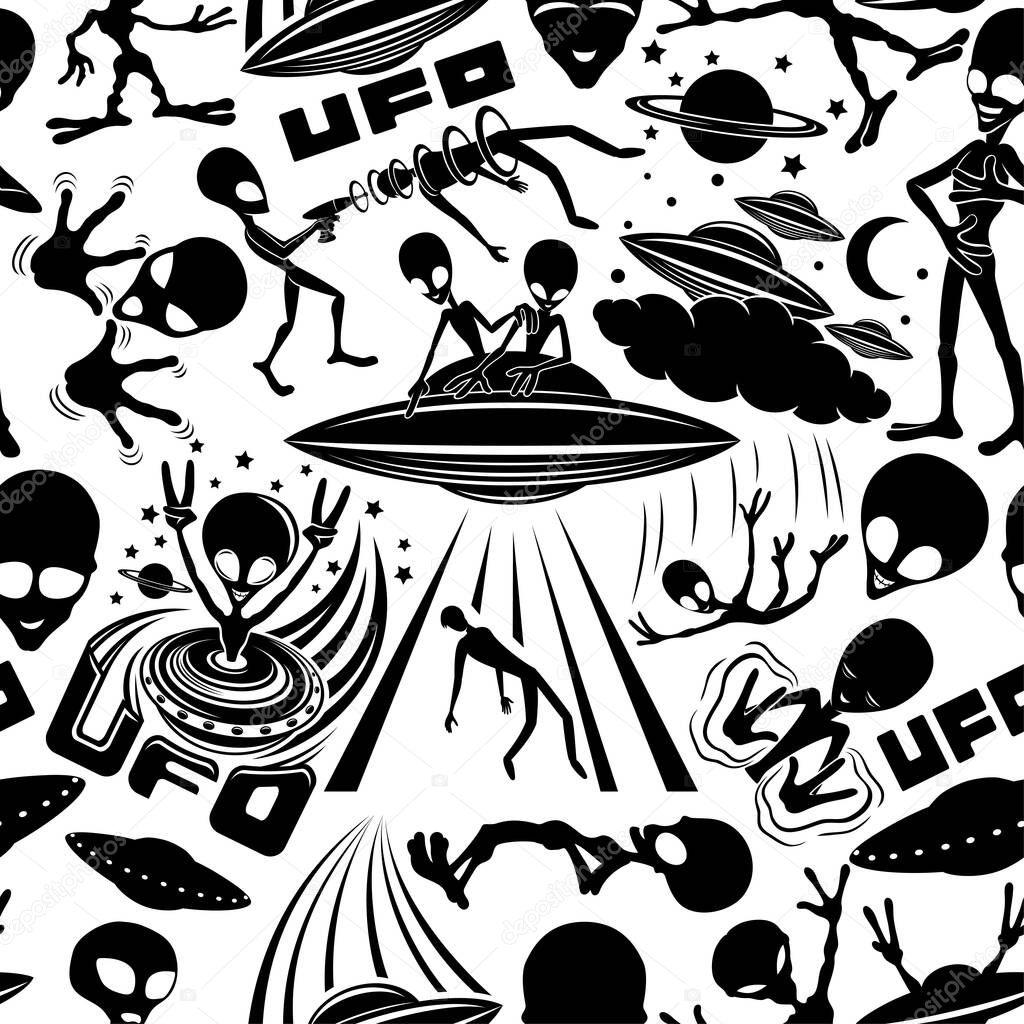 Seamless pattern with extraterrestrial aliens on white background.
