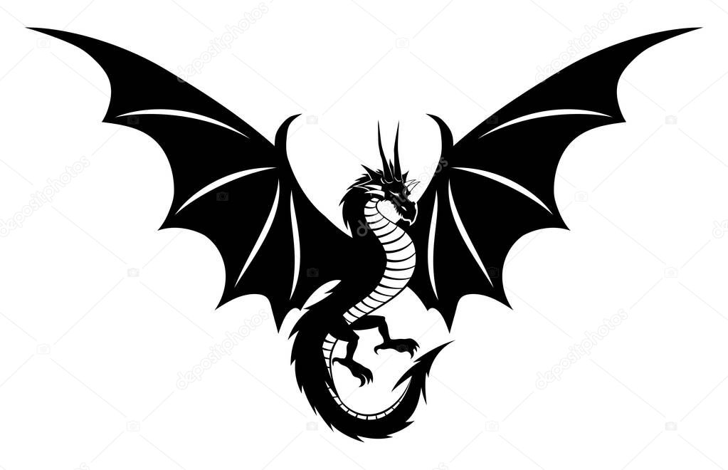 Black dragon icon with wings on white background.