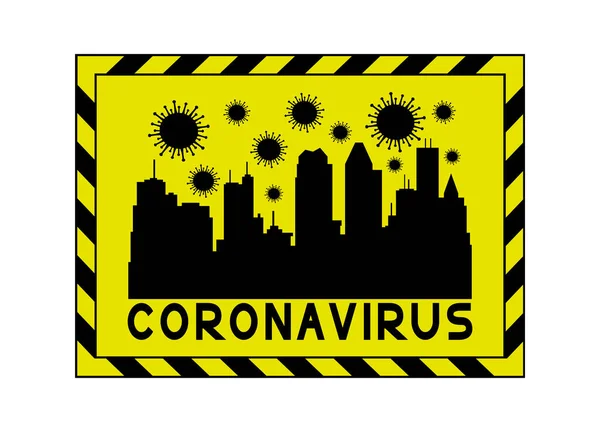 Gul Coronavirus Skylt Med Silhuett Staden Och Virus Runt — Stock vektor