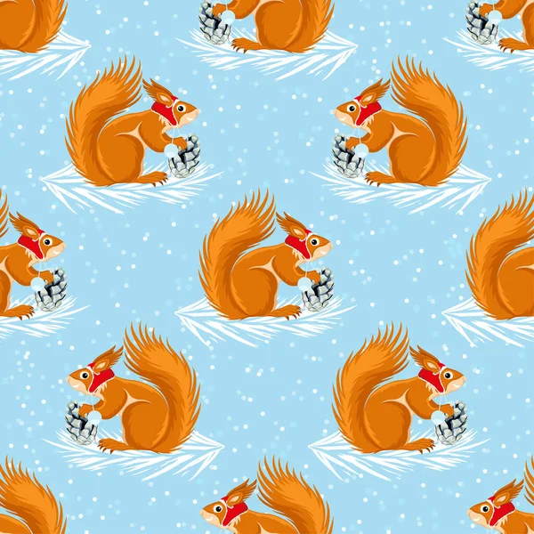 Nahtloses Muster Mit Orangefarbenem Eichhörnchen Mit Tannenzapfen Auf Blauem Hintergrund — Stockvektor