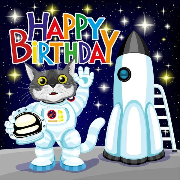Lindo Gato Traje Astronauta Con Cohete Espacial Saludos Cumpleaños Cielo — Archivo Imágenes Vectoriales