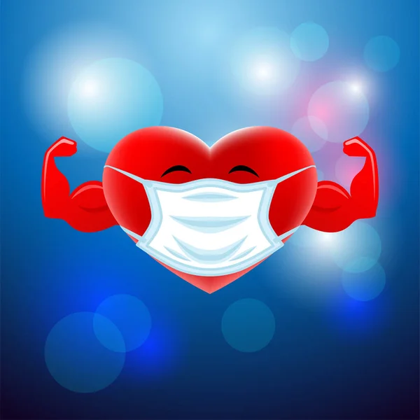 Starkt Friskt Rött Hjärta Skyddande Mask Blå Bakgrund — Stock vektor