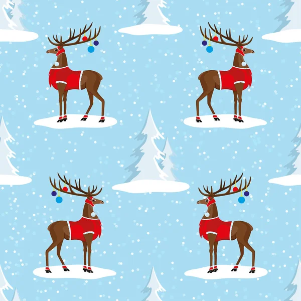 Seamless Pattern Christmas Deer Snowy Trees Blue Winter Background — Stock Vector