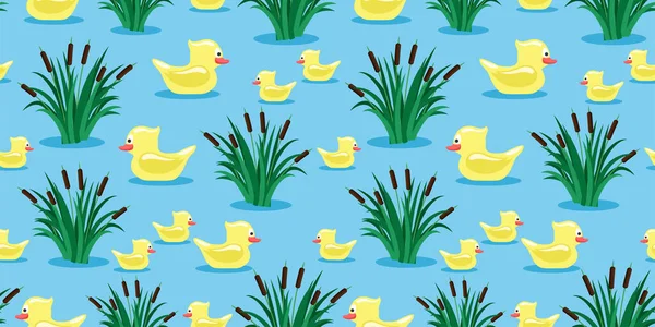 Seamless Pattern Toy Ducks Reeds Blue Background — Stock Vector