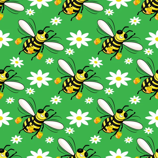 Bezešvé Vzor Včelami Květy Zeleném Pozadí — Stockový vektor